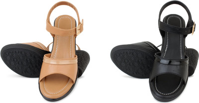 PMS Women Wedges(Beige, Black , 6)
