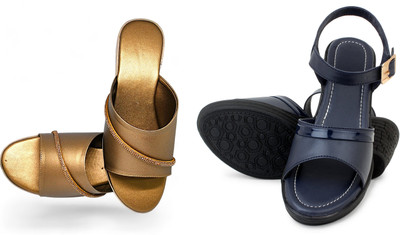 PMS Women Wedges(Grey, Gold , 7)
