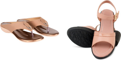 PMS Women Wedges(Pink, Brown , 4)