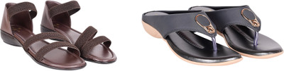 PMS Women Wedges(Grey, Brown , 6)