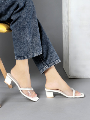 FIONA FashionTransparent Block Heel Patent Leather Slipper Women Heels(White , 7)