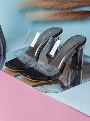 LOUIS STITCH Stylish Transparent High Heels Double Strap Block Heel Sandals Women Heels(Black , 6)