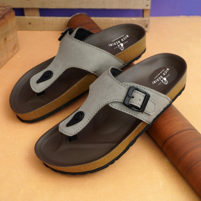 Nico Nerini Men's Grey Buckle Thong Sandals with Adjustable Strap and Cushioned Cork Sole Men Sandals(Grey , 10)