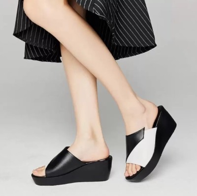 Kiwaoo Women Wedges(Black, White , 6)