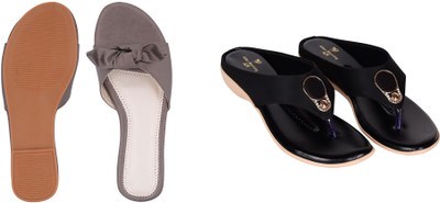 PMS Women Wedges(Grey, Black , 6)