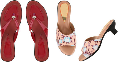 Komfy Women Heels(Red, Beige , 8)