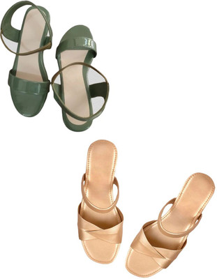 Goraiya Women Heels(Green, Gold , 7)