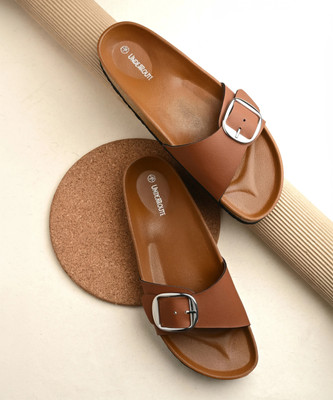 UNDERROUTE Stylish Dual Strap Buckle Design Women Flats(Tan , 8)