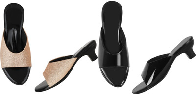 Komfy Women Heels(Black, Beige , 4)