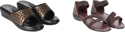 PMS Women Wedges(Brown, Gold , 4)