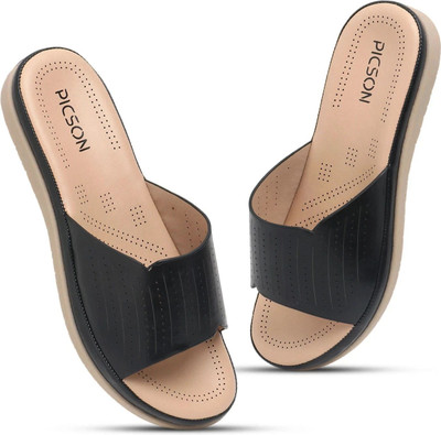 Picson Extra Soft Cushioned Slide Sandals for Ultimate Comfort Women Flats(Black , 6)