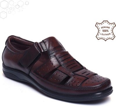 Zoom Shoes Genuine Leather Sandal Velcro Premium Comfort & Style for All-Day Wear Men Sandals(Brown , 9)