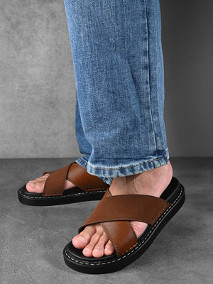 LOUIS STITCH Russet Tan Lightweight Cross Strap Slip-On with PU Cushion Men Sandals(Tan , 10)