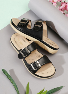 Picson Stylish Double Buckle Slides | Premium Look & Extra Soft Cushion Women Flats(Black , 9)