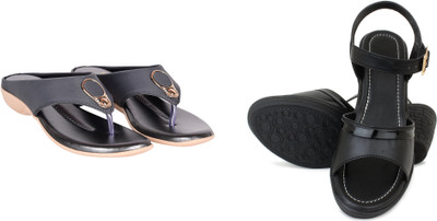 PMS Women Wedges(Black, Grey , 6)