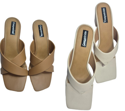 Cozystride Women Heels(White, Tan , 10)