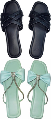 XiZUii Women Flats(Black, Green , 9)