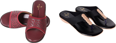 PMS Women Wedges(Black, Maroon , 6)