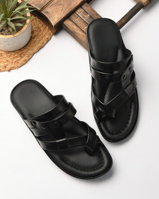 STEPFOX Leather Toe Ring Slippers Flat Thumb Style with Soft Cushion Comfort Sole Men Sandals(Black , 9)