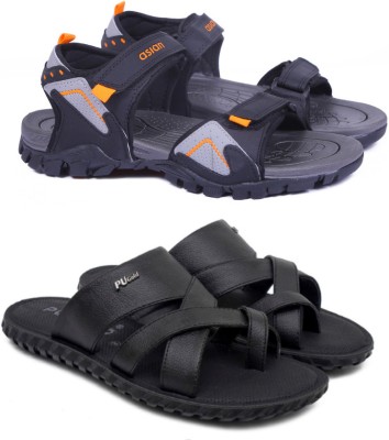 asian Men Sports Sandals(Black, Orange , 8)