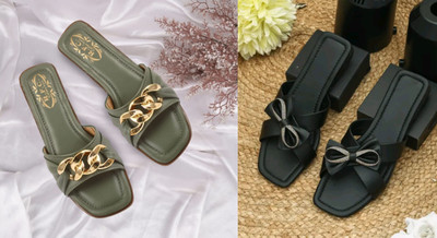 R F C Women Flats(Green, Black , 8)