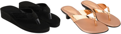 Komfy Women Heels(Gold, Black , 4)