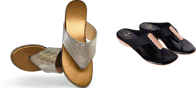 PMS Women Wedges(Black, Gold , 7)