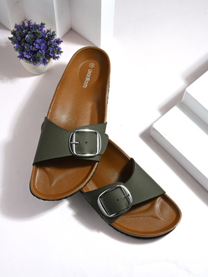 UNDERROUTE Stylish Dual Strap Buckle Design Women Flats(Olive, Tan , 6)