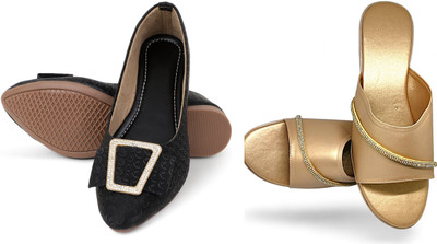 PMS Women Wedges(Black, Beige , 6)