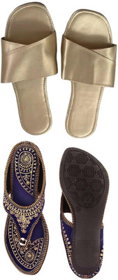 Goraiya Women Flats(Gold, Blue, Gold , 7)