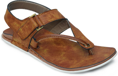 STEPFOX Faux Leather Toe Loop Design with Buckle Strap & Cushioned Footbed Men Sandals(Tan , 9)