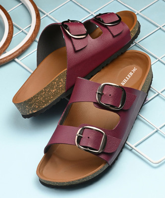 KILLER Stylish Dual Strap Buckle Design Women Flats(Maroon , 7)