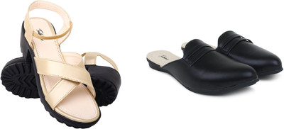 Todhwear Women Sandals(Gold, Black , 8)