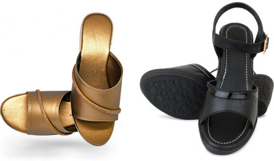 PMS Women Wedges(Black, Gold , 8)