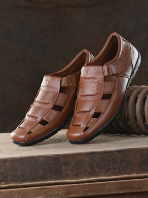 UNDERROUTE 63062 Stylish,Comfortable,Strappy,Genuine leather Velcro Men Tan Sandals