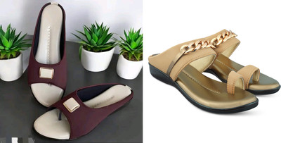 hunyza footwear Women Flats(Gold, Maroon , 4)