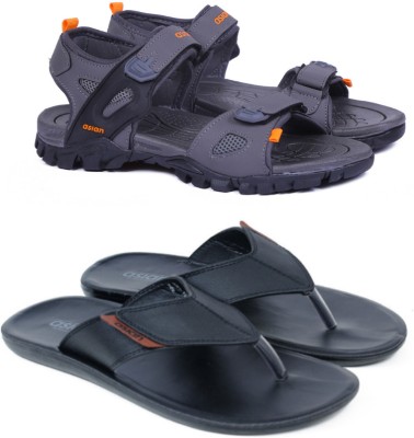 asian Men Sandals(Grey, Black , 8)