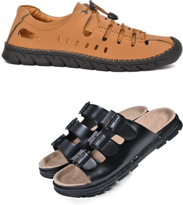 Walkivo Men Sandals(Tan, Black , 9)