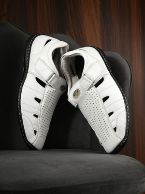 Hitz White Leather Shoe-Style Sandals Men Casual(White , 8)