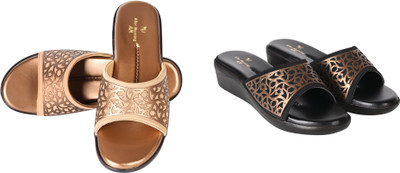 PMS Women Wedges(Brown, Gold , 4)
