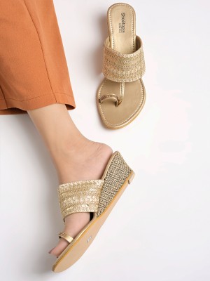 SHOETOPIA Women Wedges(Gold , 5)