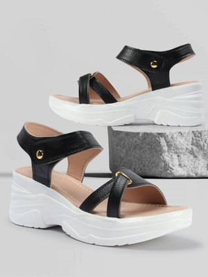 VENDOZ Women Wedges(Black, White , 3)