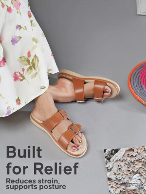 Picson Stylish Double Buckle Slides | Premium Look & Extra Soft Cushion Women Flats(Tan , 4)