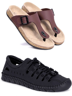 Walkivo Men Sandals(Brown, Black , 6)