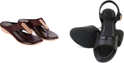 PMS Women Wedges(Black, Maroon , 6)