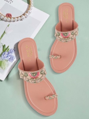 LaSancy Embroidered Slip-ons Ethnic Flats Sandals | Toe-Ring Festive Kolhapuri Chappals Women Flats(Pink , 4)