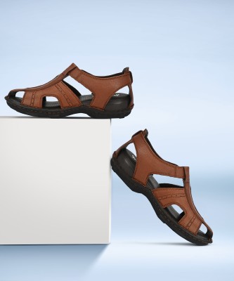 Hitz Tan Leather Comfort Sandals with Velcro Closure Men Tan Sandals