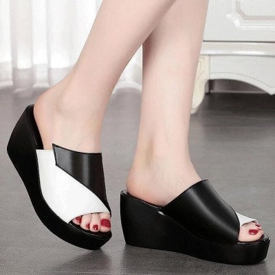 UUNDA Fashion Women Wedges(Black, White , 7)