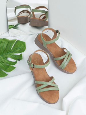 Inc.5 Casual Striped Round Toe Sandals Women Heels(Green , 8)