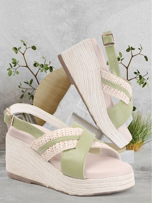 Denill Women Wedges(Green, Beige , 7)